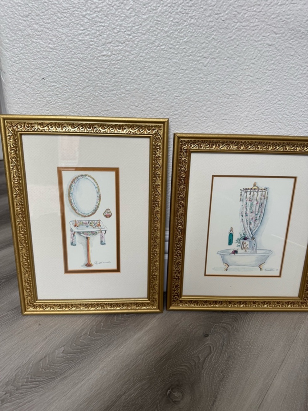 Peggy Abrams signed Gold Framed Bathroom Print Set - Mirror & Tub Artwork